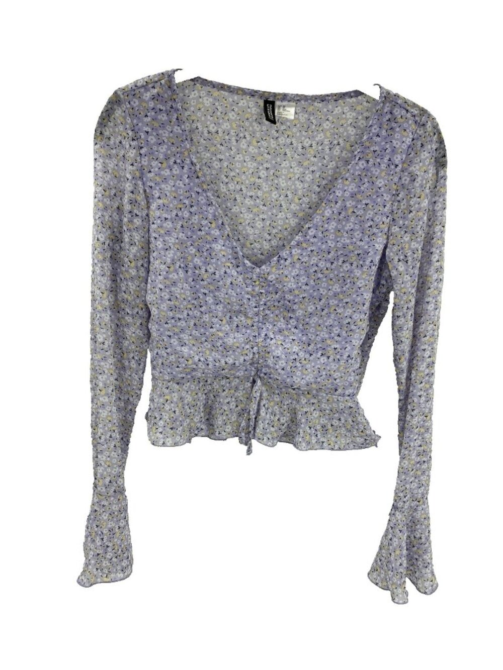 H&M Divided Womens XS Floral Peplum Blouse Purple Bell Sleeve Tie Front Top